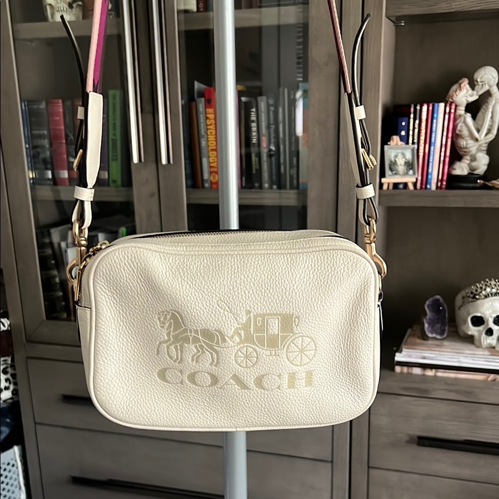 Coach Cream Crossbody Bag with Signature Logo and Gold Hardware